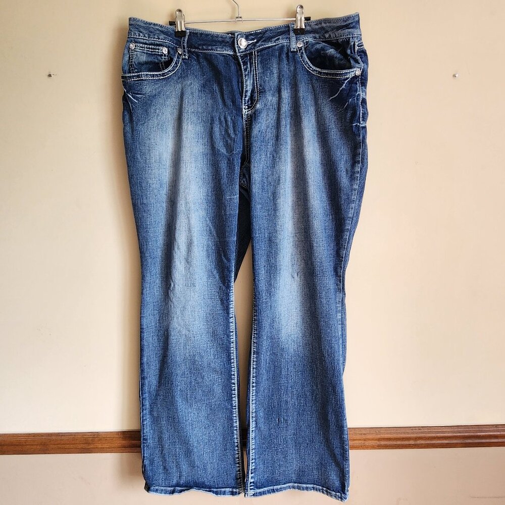 Earl Embellished Denim Jeans Cross Pockets Rhinestone White Stitching Size 16W